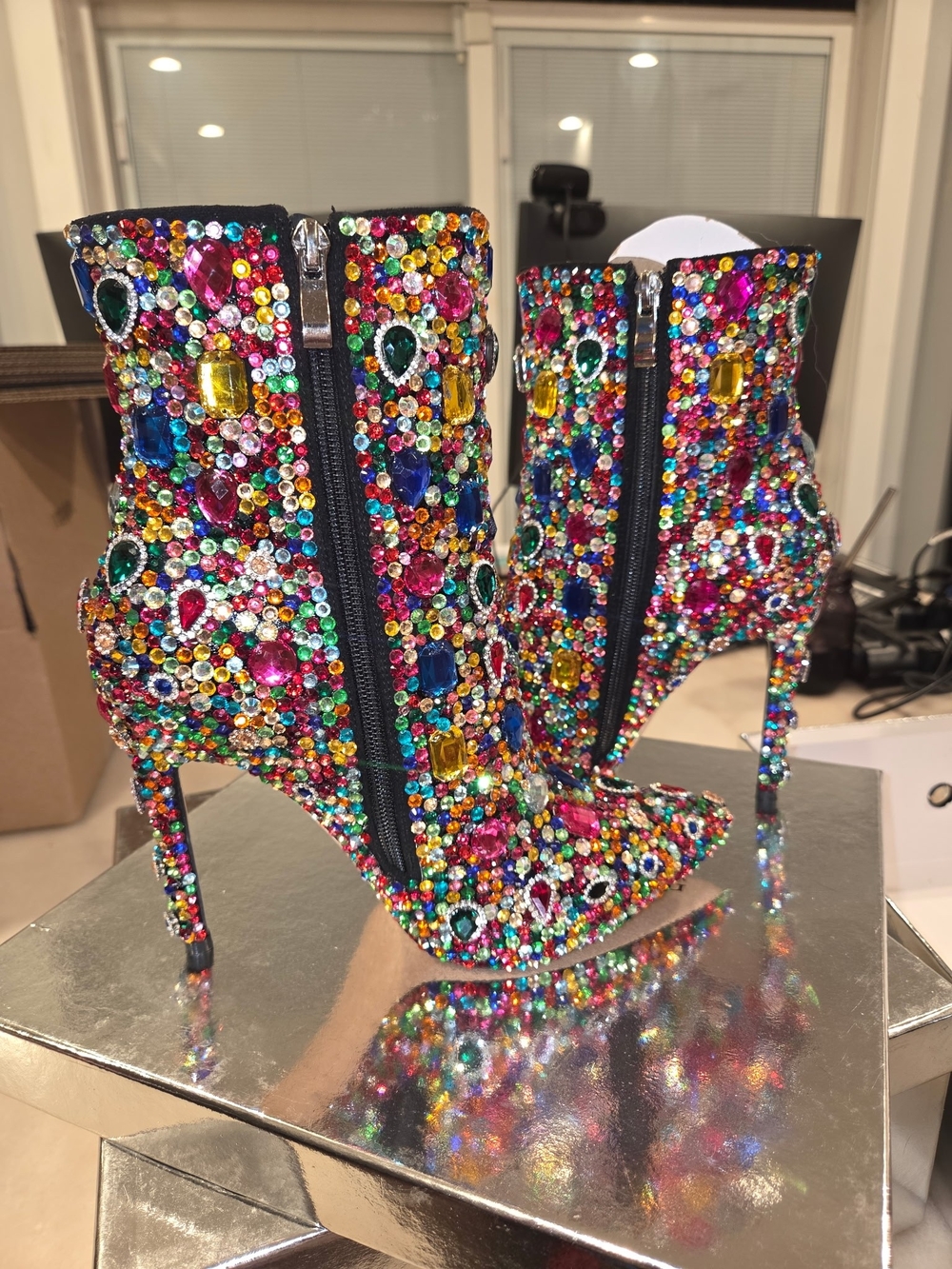 Size 7.5 Jeweled Multicolor Stiletto Ankle Boots with Side Zip